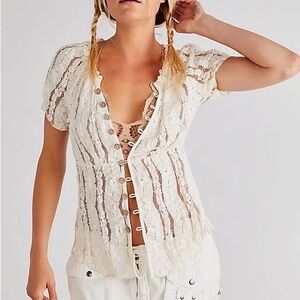Free People Augusta Lace Button Up Ivory Top Small Boho Textured Cottagecore